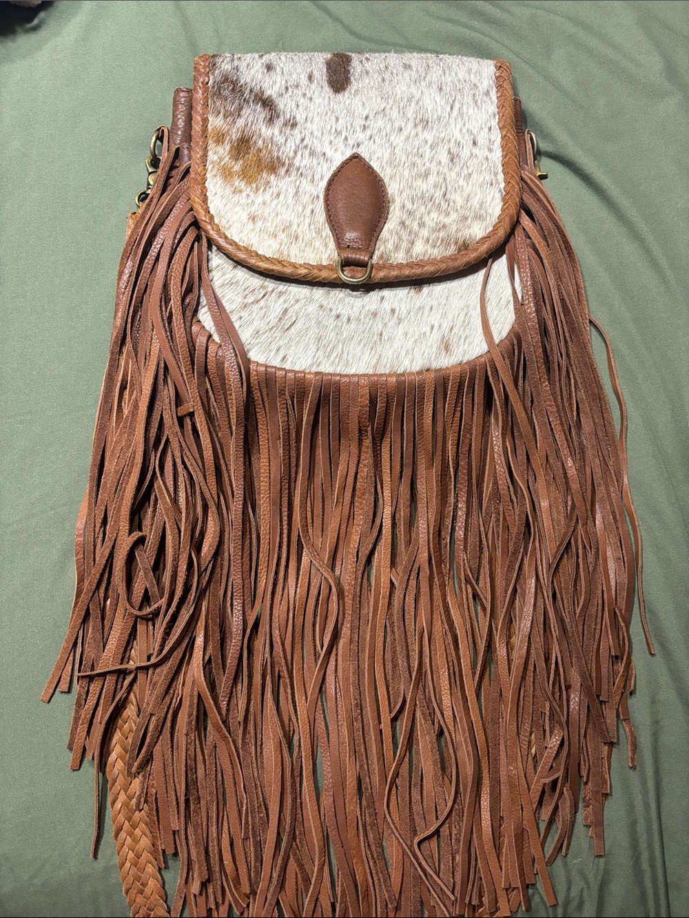 American Darling Brown Leather Fringe Crossbody with White & Brown Haircalf Flap